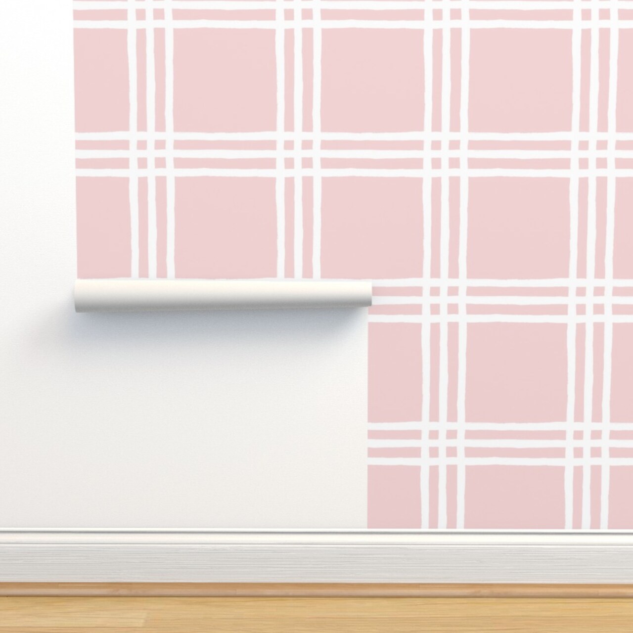Pink Plaid Windowpane Check Pastel Traditional Large Scale Custom Removable Wallpaper by Spoonflower Peel & Stick Wallpaper 2FT Wide